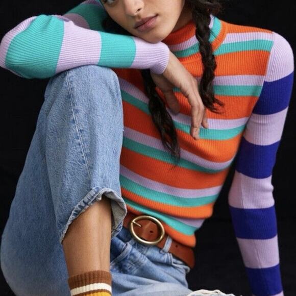 Anthropologie Maeve Striped Turtleneck Sweater colorblock Ribbed - Picture 2 of 12